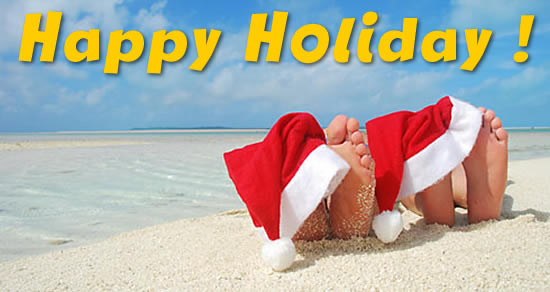 cheerful image with Santa Claus hat resting on two wet feet who are on the beach by the sea!