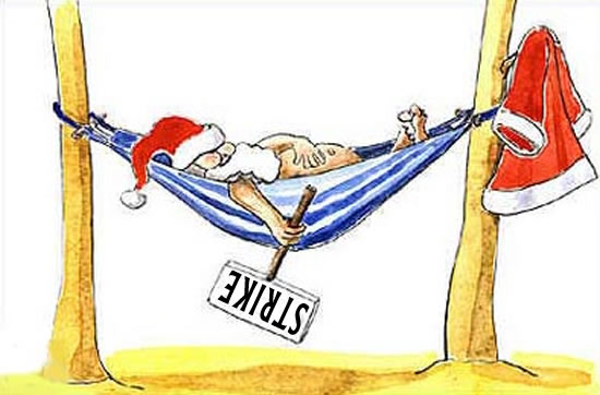 cartoon with Santa Claus in the hammock and sign saying strike