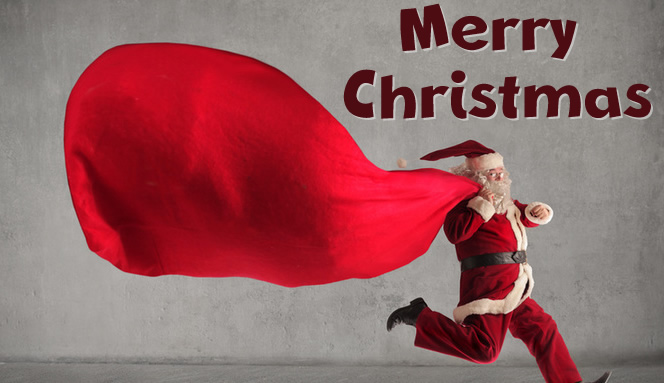 Image of Santa Claus running with a huge bag to bring gifts