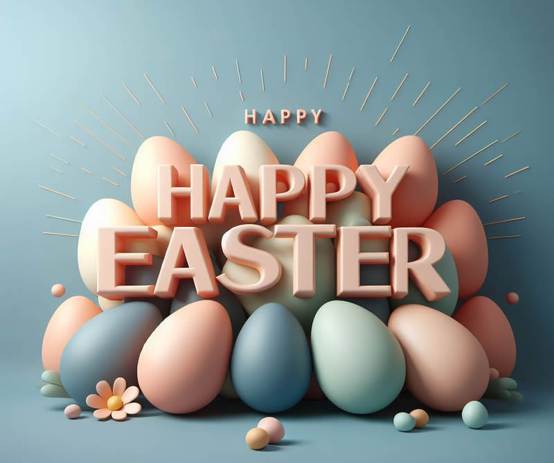 Image with decorated eggs and the writing Happy Easter in pink 3D for your special Easter greetings