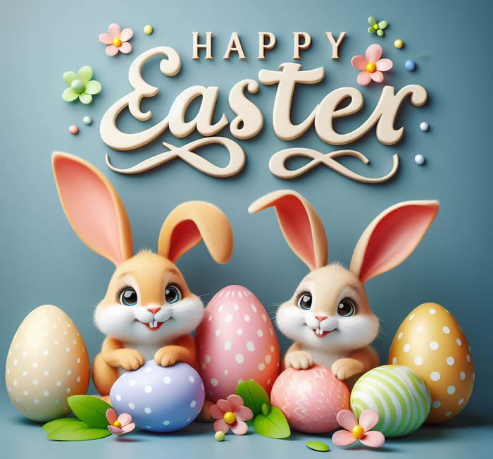 beautiful easter image with bunnies and eggs