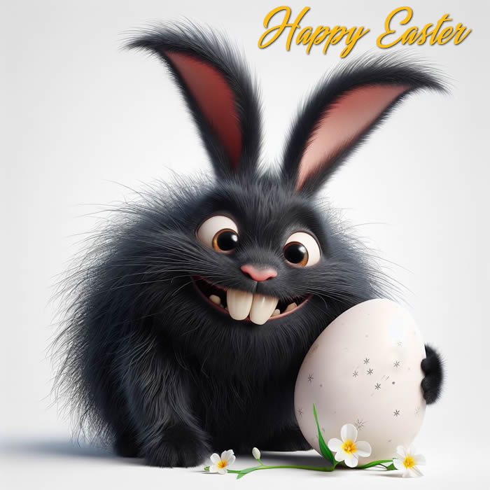 Humorous happy easter image with a black rabbit with big teeth and easter eggs wishing a beautiful easter