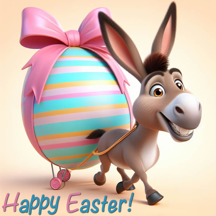 image for cute Easter greetings: a cheerful donkey carrying an Easter egg