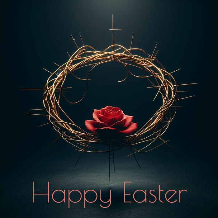 Image with a crown of thorns with red rose, worn in the crucifixion of Jesus with text Happy Eastera