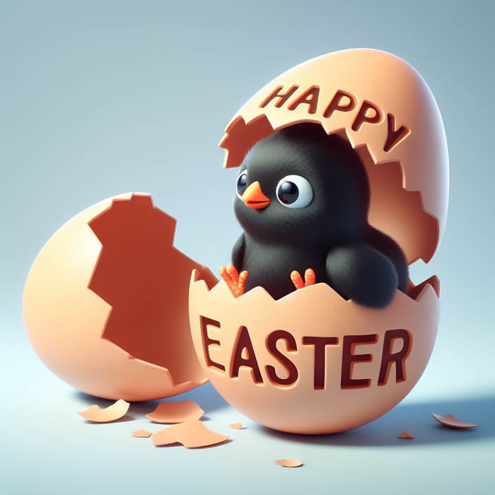 Cute black chick coming out of easter egg with happy easter lettering