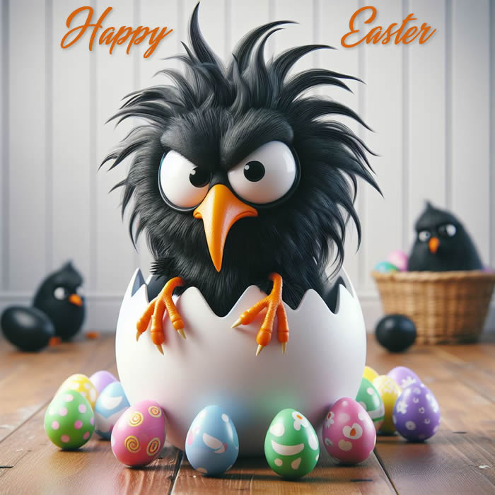 Funny image with a plucked black chick coming out of the egg on which Happy Easter is written