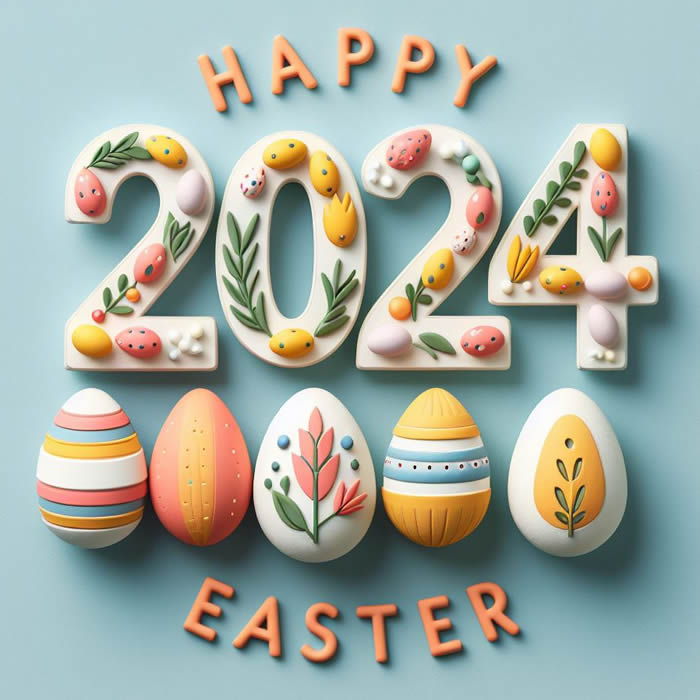Image with the writing Happy Easter 2024 in 3D surrounded by colored and decorated eggs for Easter