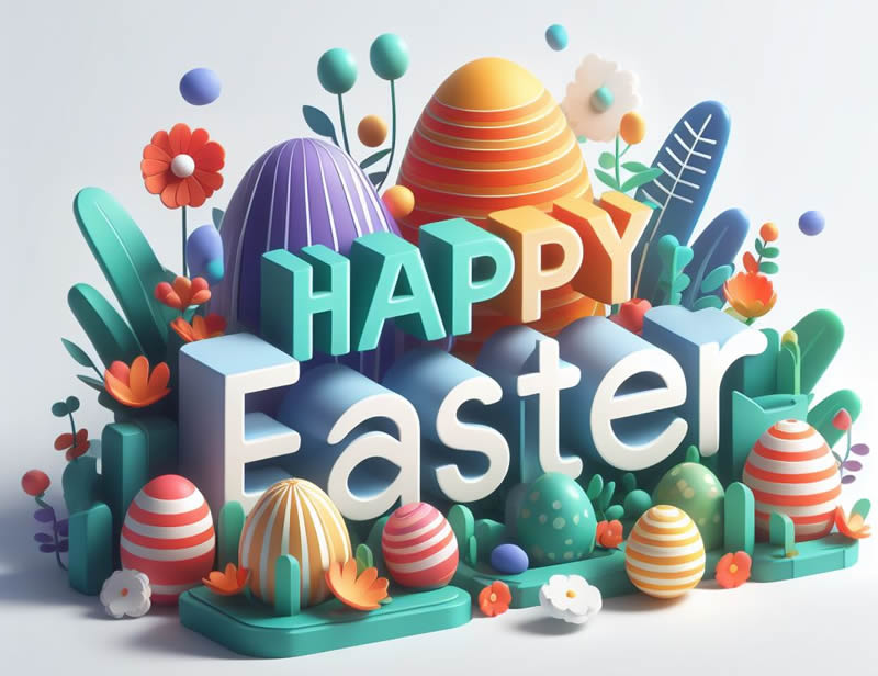 Image with large colored Happy Easter writing.