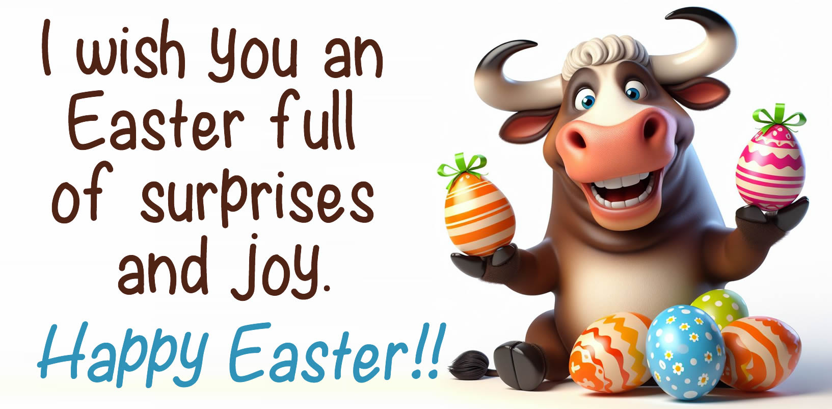 Easter card with greeting message: I wish you an Easter full of surprises and joy.