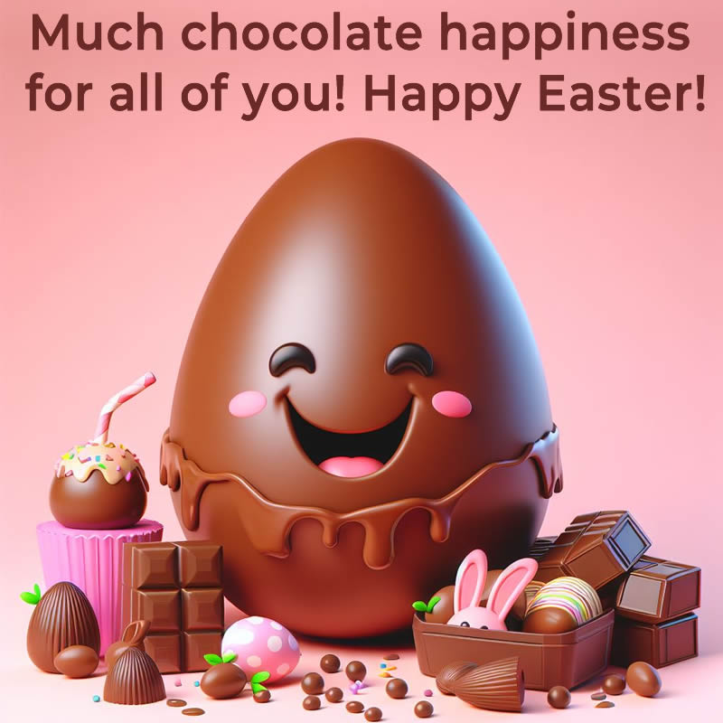 Nice greeting card for Easter, with a smiling chocolate egg winking at those with a sweet tooth and the phrase: Much chocolate happiness for all of you! Happy Easter!