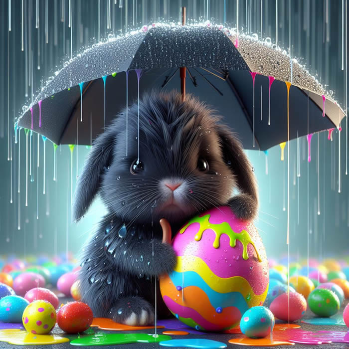 Image with a cute soaked rabbit with an umbrella protecting a decorated egg from the rain that the colors are melting