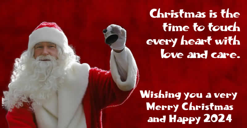 A classic and beautiful Santa Claus ringing a bell with a greeting message to share on Facebook and Instagram: Christmas is the time to touch every heart with love and care.
