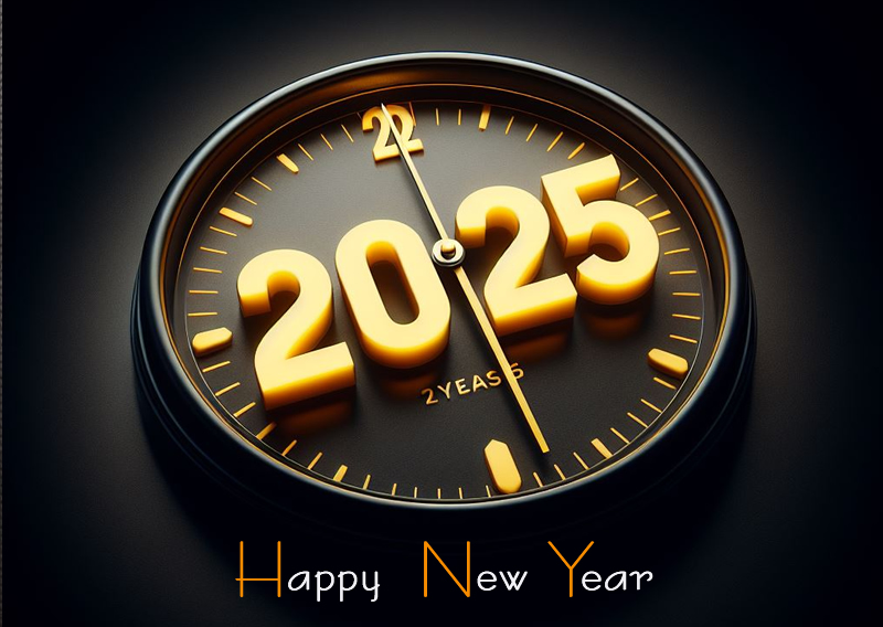 image with text 2025 and clock which marks almost midnight to celebrate the arrival of the new year