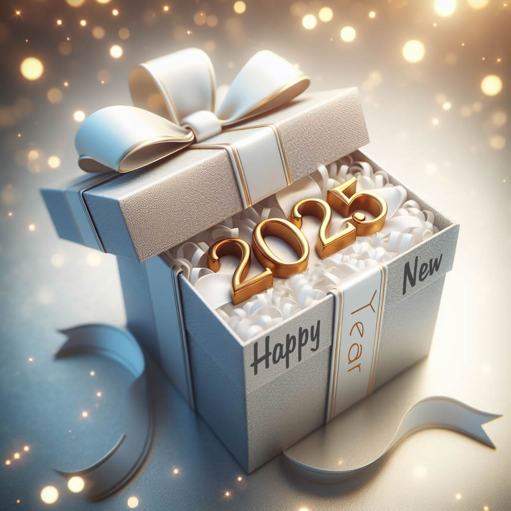 image of gift package with “2025” in gold, with colored ribbons and greeting texts