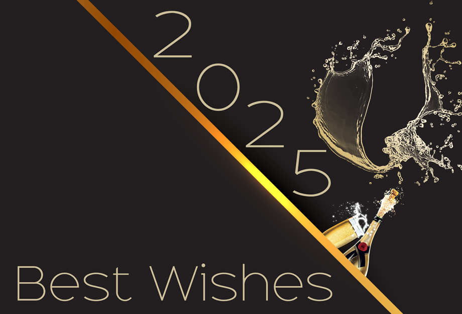 Wishes 2025 with glasses and sparkling wine that flies out of the bottle.