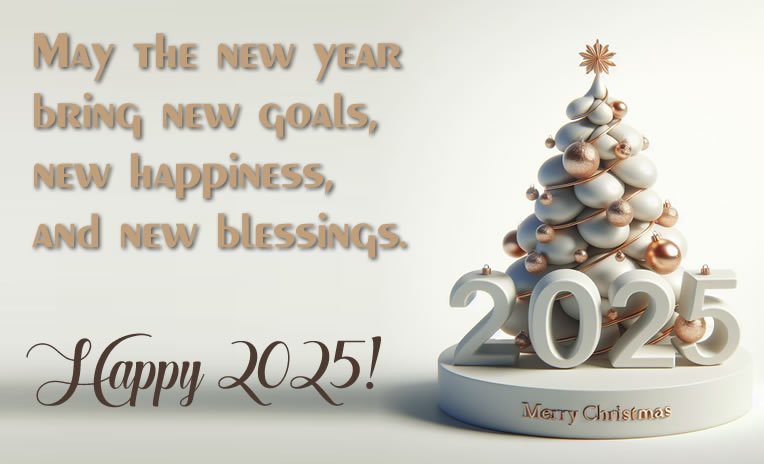 image with stylized gold-colored Christmas tree and text for a happy new year 2025