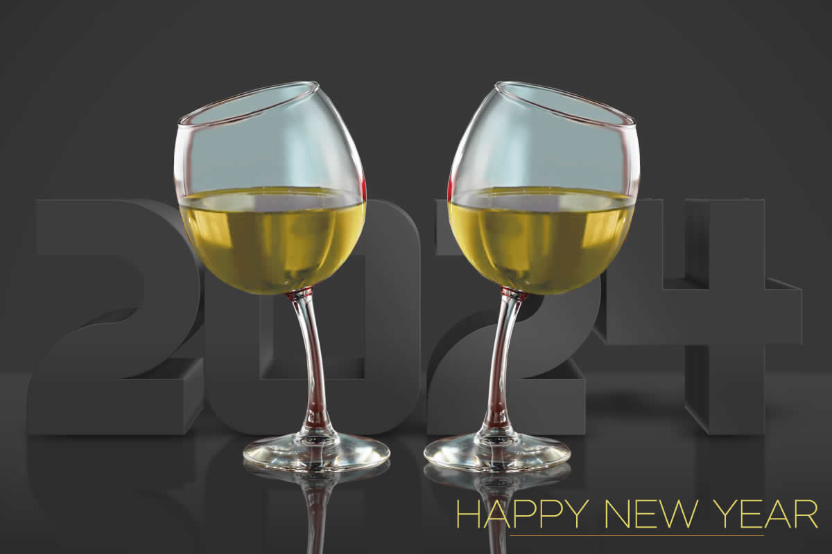 3D image with 2025 and glasses of sparkling wine to clink at midnight on December 31st