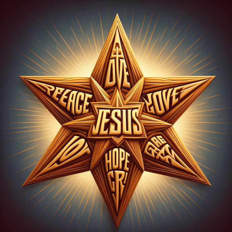 blue background image with star formed by English text with Jesus in the center and then peace, love, joy, hope, grace