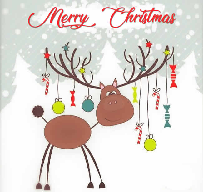 beautiful drawing, made in a childish way with a reindeer with hanging candies and gifts on its horns