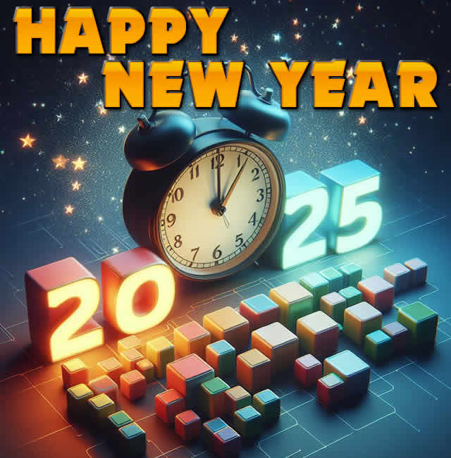 image with alarm clock that marks midnight on new year's eve and written 2025 in colored cubes