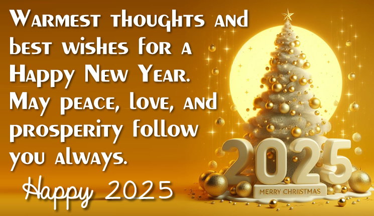 Image of greetings with message: Warmest thoughts and best wishes for a Happy New Year. May peace, love, and prosperity follow you always. Happy 2024