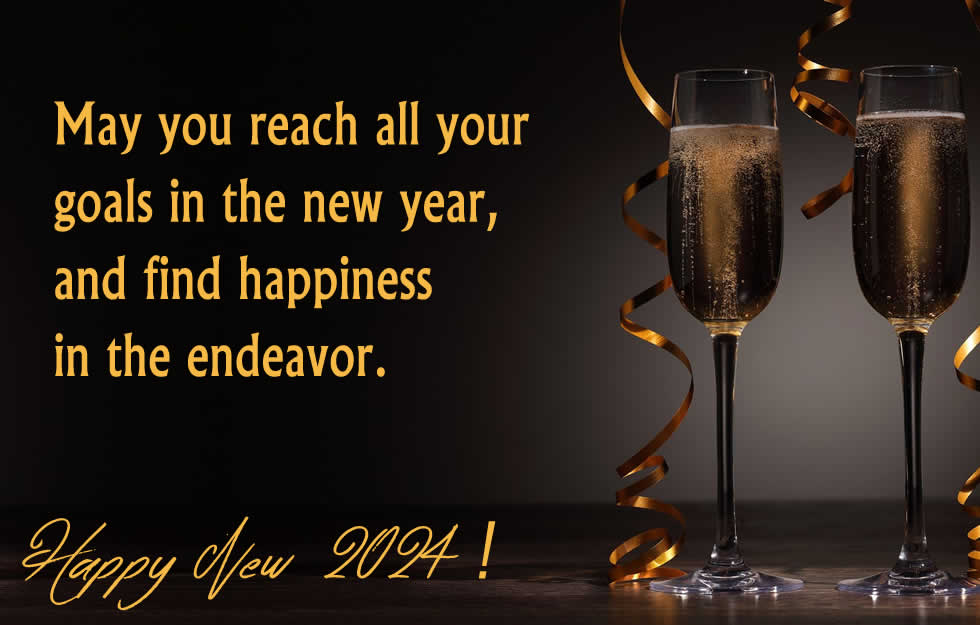 Elegant image on a black background, with glasses full of champagne to celebrate the arrival of the new year with the text of wishes for the new year