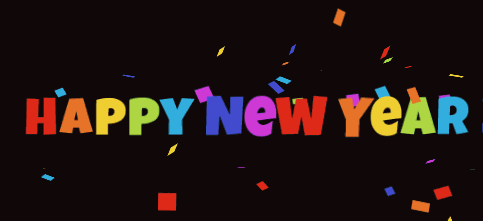 cheerful and colorful animated gif with falling confetti on multicolor Happy New Year 2025 text