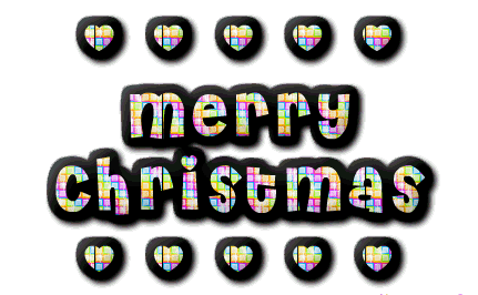 Image glitters with text MERRY CHRISTMAS with movement of festive multicolored inside the characters and small heart