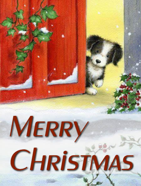 Sweet drawing with little dog looking out the door with christmas decorations and text WISHES