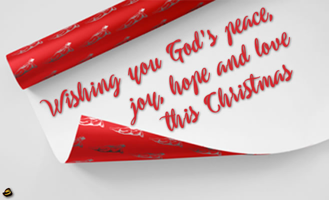 Image with greeting message on gift paper: Blessings, love and peace to you on this Christmas.