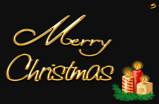 Image with Christmas candles and decorations with fir twigs. Elegant golden text Merry Christmas