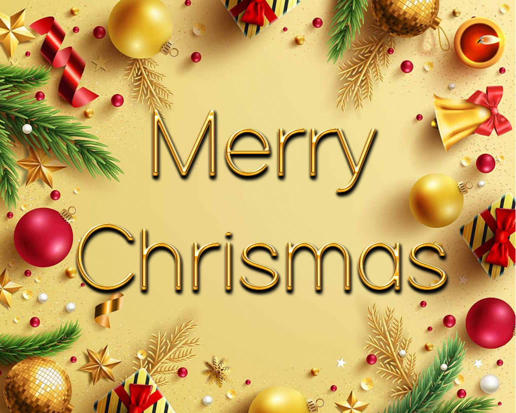Elegant image with decorations and gold writing MERRY CHRISTMAS