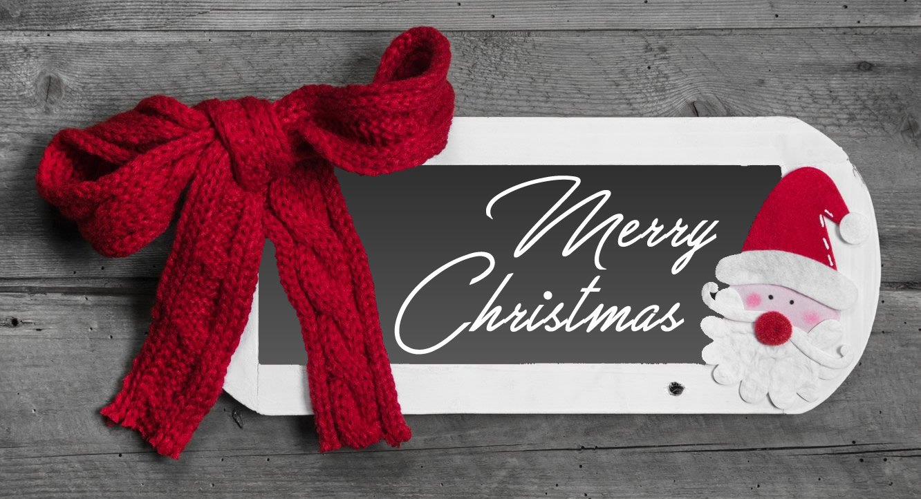 Image with slate and Santa Claus with big red bow suitable as a formal or professional Merry Christmas greeting card, simple and effective.