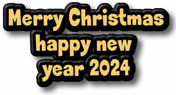 Animated glitter image glitter text Merry Christmas Happy 2025 glittering dotted gold effect with dark red border.