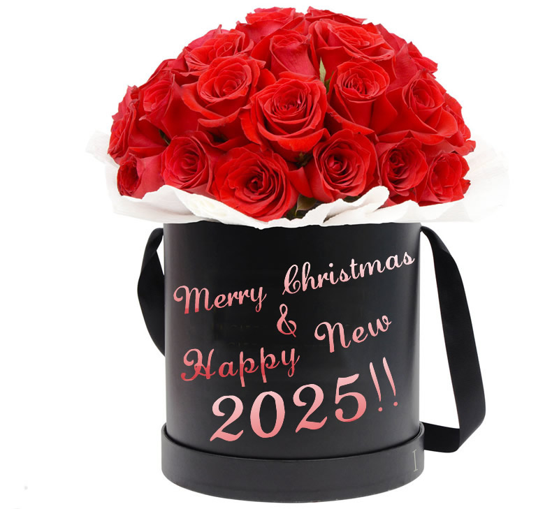 Image with a beautiful bouquet of red roses in an elegant black package.