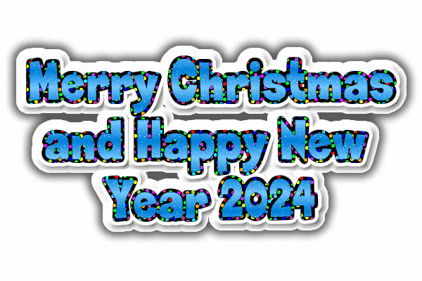 Animated gif glitter text Merry Christmas Happy 2025 blue color with shimmering speckled effect.
