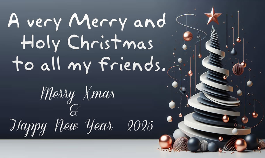 black background image with stylized Christmas tree and hat with Happy 2025 writing and a nice greeting