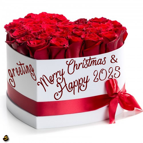 image with a beautiful bouquet of red roses in a heart-shaped box with greeting text written on it