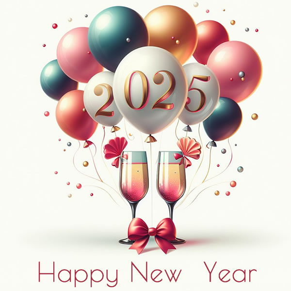 image with glasses and sparkling wine to toast at midnight of the new year with balloons colored with 2025