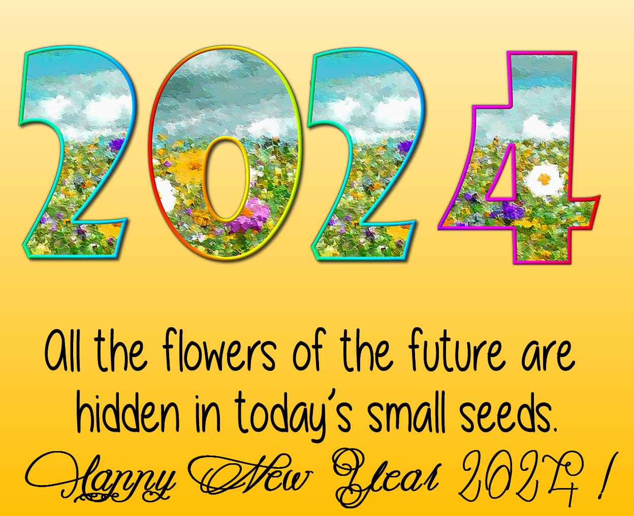 cheerful and colorful image with 2025 built with numbers made with flowers and a nice greeting phrase for a happy new year