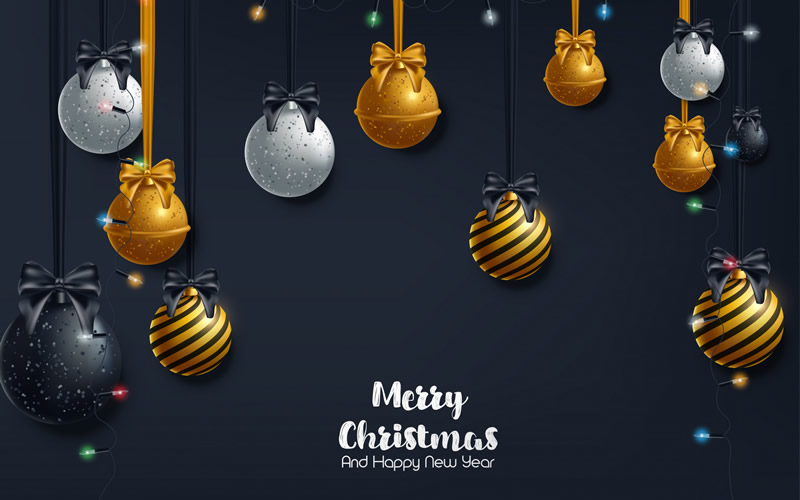 elegant image with decorative Christmas balls written in English Merry Christmas and Happy New Year