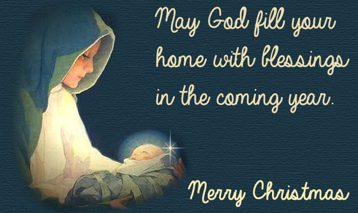 Message of good wishes and spiritual blessing to believers with the image of the Virgin with the baby Jesus in her arms: May God bless you and bring peace to your home. Merry Christmas to all