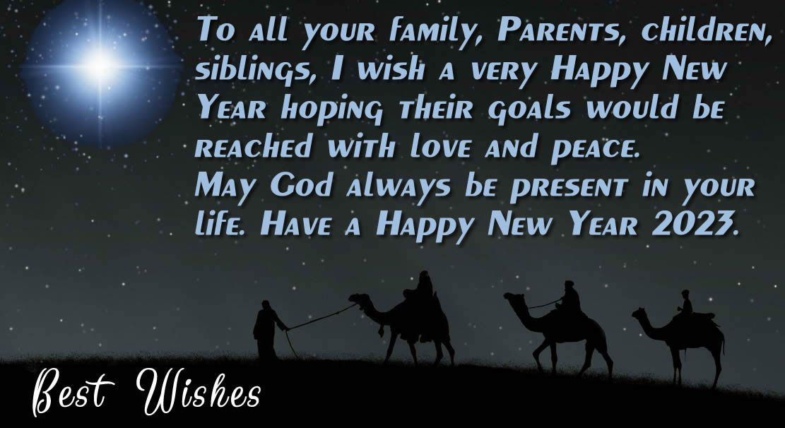 Image with the three kings who follow the comet star to bring the gifts to Bethlehem with a blessing phrase. Have a Happy New Year 2024.