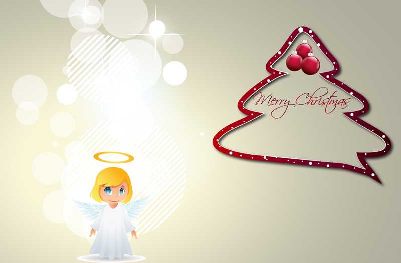 Image with angel and Christmas tree with written in English Merry Christmas