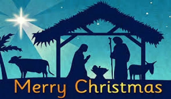 Image with representation of the nativity and written Merry Christmas