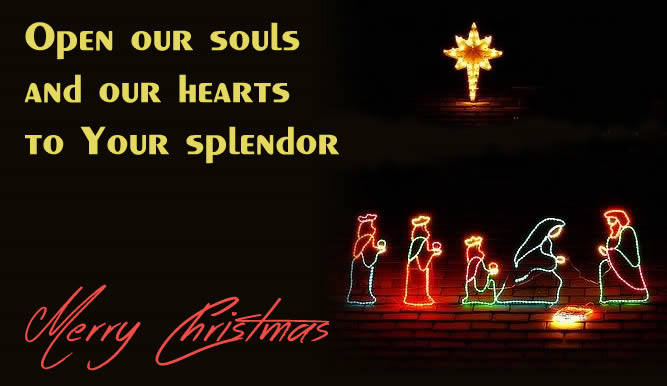 Image with a greeting card of the nativity with magi and the comet star made of lights and text for Merry Christmas greetings