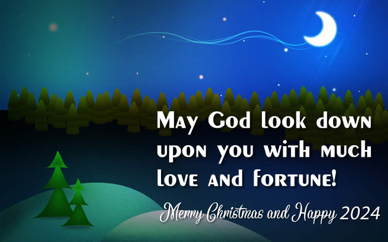 Image of Christmas at night with fir trees and happy new year 2024 with text: May God look down upon you with much love and fortune!