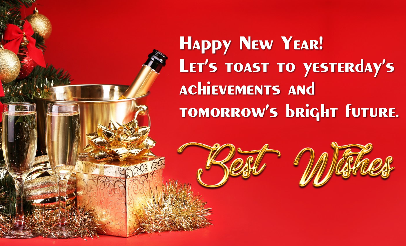 image a red background with glasses, bottle of champagne, new year gifts and phrase to send for new year's midnight wishes