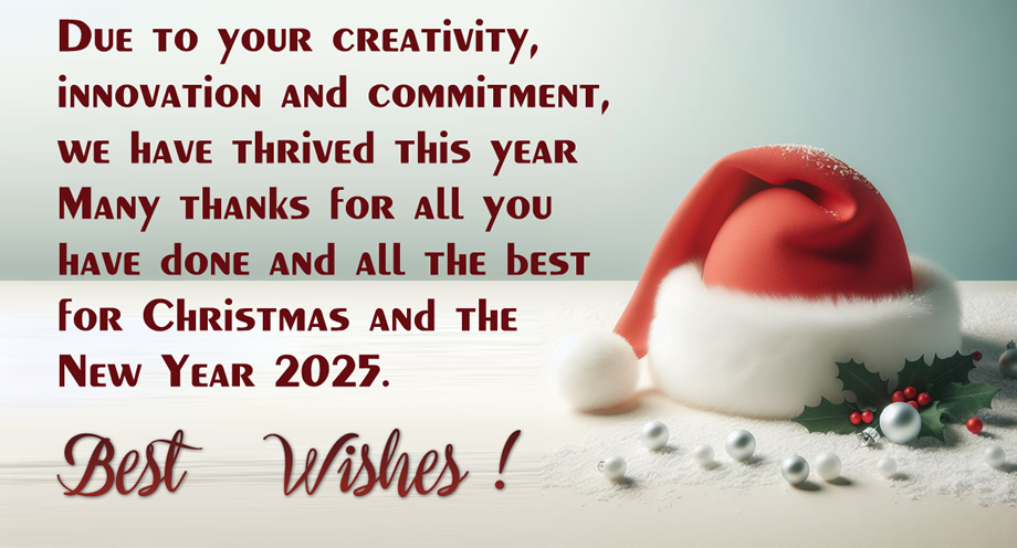 Photo with a big Santa Claus hat and greeting card with message: Due to your creativity, innovation and commitment, we have thrived this year. Many thanks for all you have done and all the best for Christmas and the New Year 2025. Best Wishes.