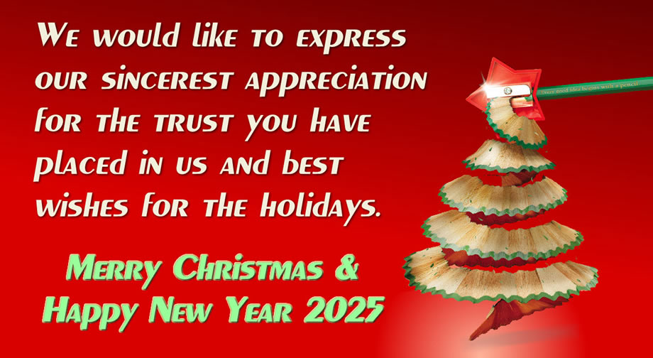 Image with a star-shaped pencil sharpener that points to a pencil that forms a Christmas tree and greeting text